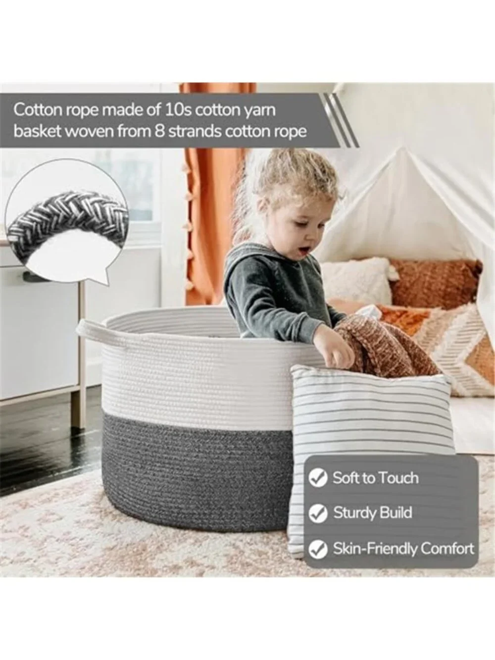 New XXXLarge Woven Rope Blanket Basket Living Room, 90L